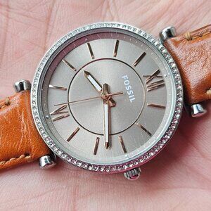 Fossil Ladies Wrsitwatch Quartz Analog Crystals Accent Bezel Leather Strap Watch